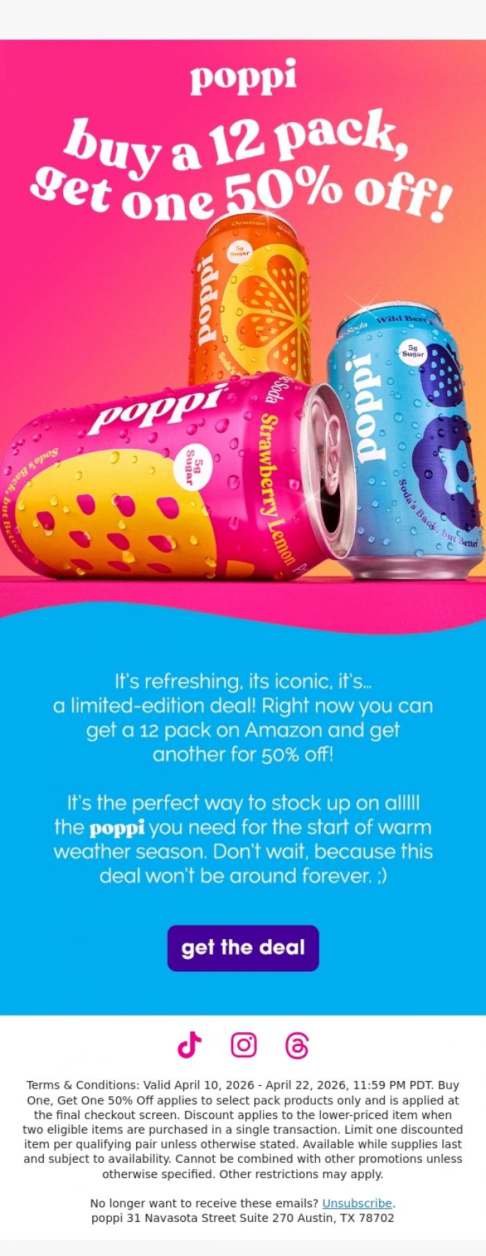 Email Design Inspiration from poppi, buy a 12 pack, get one 50% off! 🥤😍
