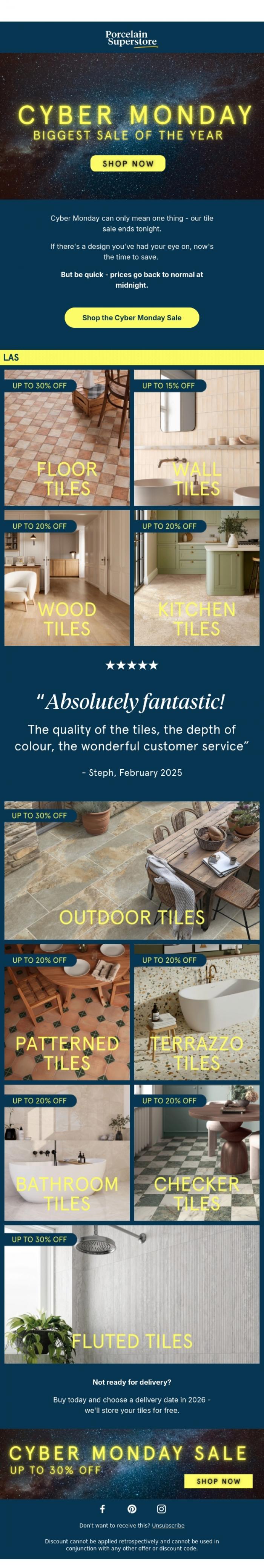 Email Design Inspiration from Porcelain Superstore, Final Hours: Our Tile Sale Ends Tonight