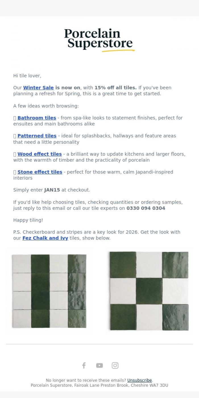 Email Design Inspiration from Porcelain Superstore, Our Winter Sale Is Now On