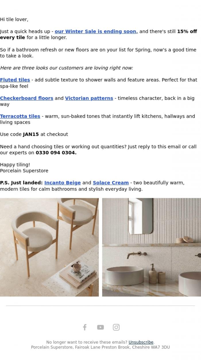 Email Design Inspiration from Porcelain Superstore, 15% off ends next Monday: Create your dream home