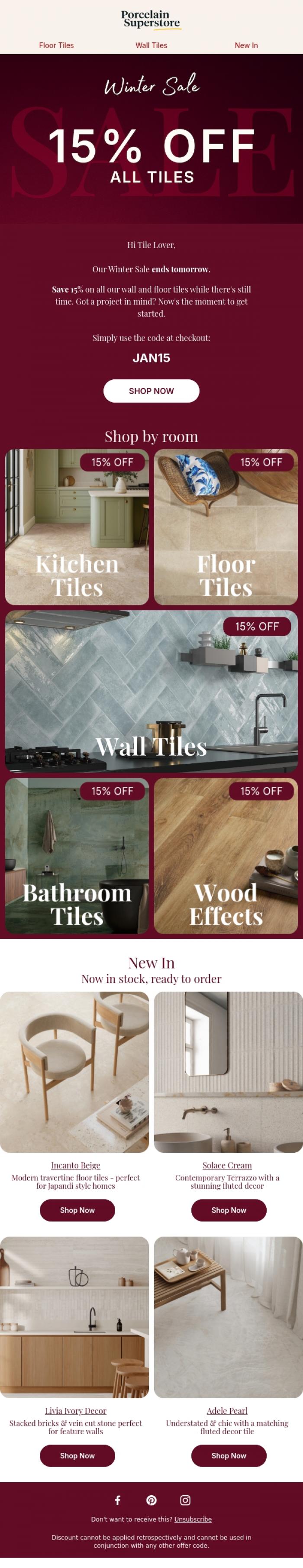 Email Design Inspiration from Porcelain Superstore, ⏰ Final call - our 15% off sale ends tomorrow!