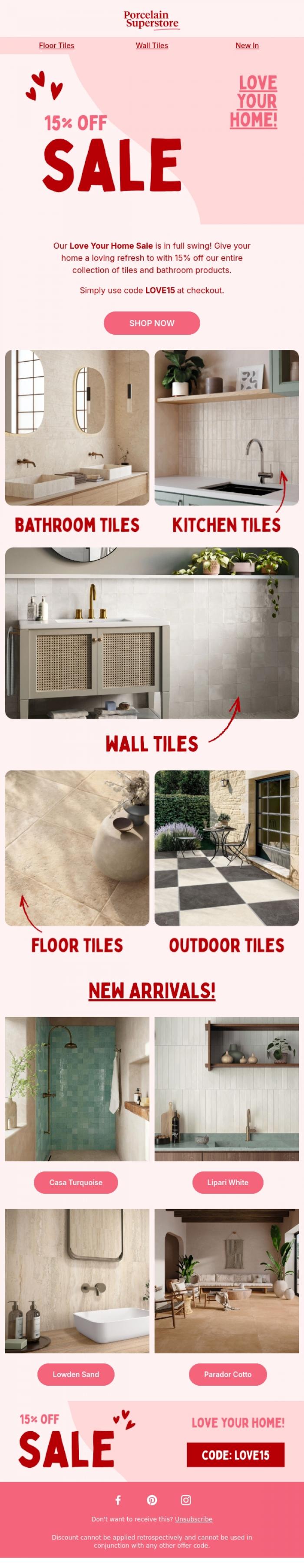 Email Design Inspiration from Porcelain Superstore, The Love Your Home Sale Continues ❤️