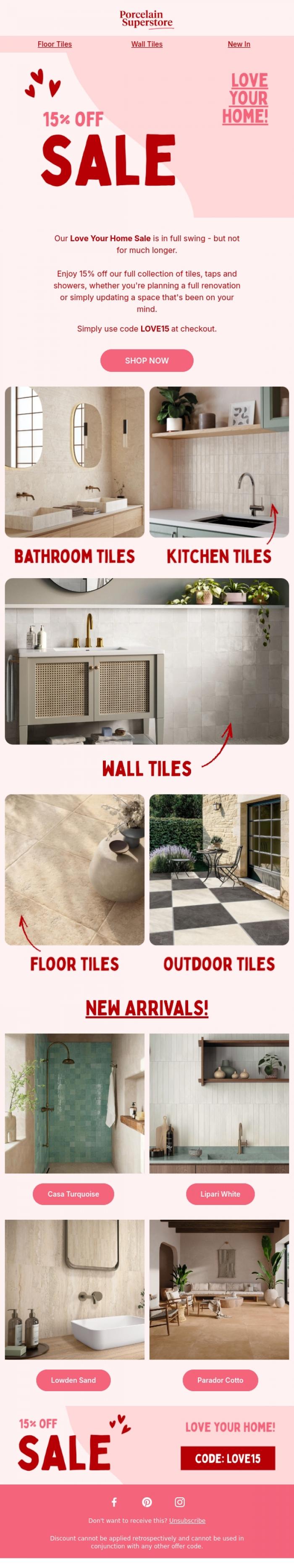 Email Design Inspiration from Porcelain Superstore, The Love Your Home Sale Ends Soon ❤️