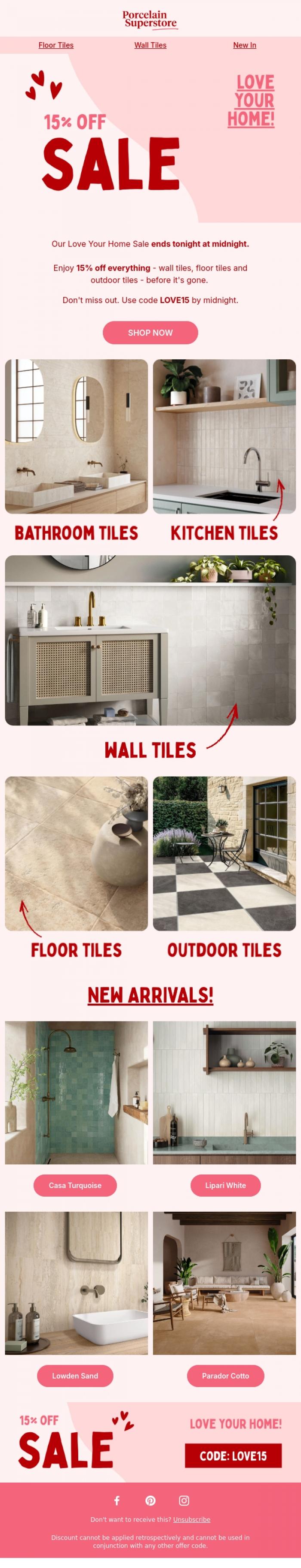 Email Design Inspiration from Porcelain Superstore, Ends Tonight: Love Your Home Sale ❤️