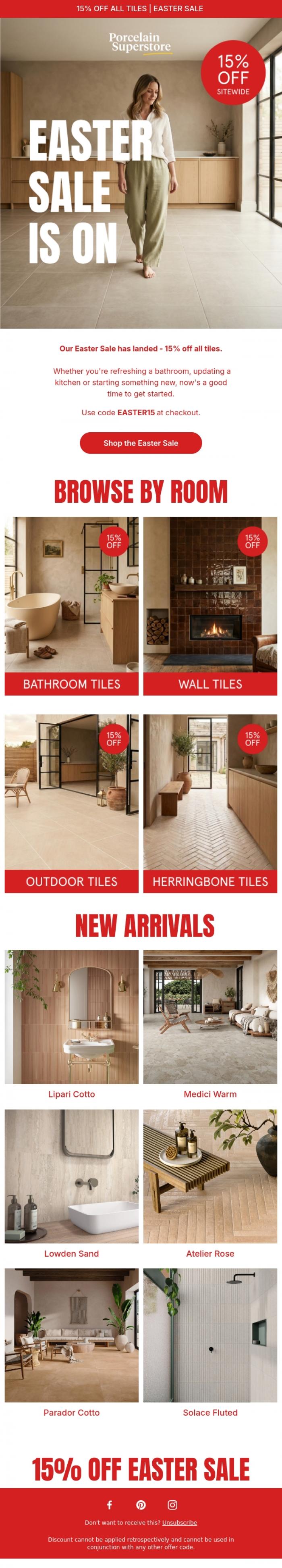 Email Design Inspiration from Porcelain Superstore, 15% off tiles this Easter ❤️