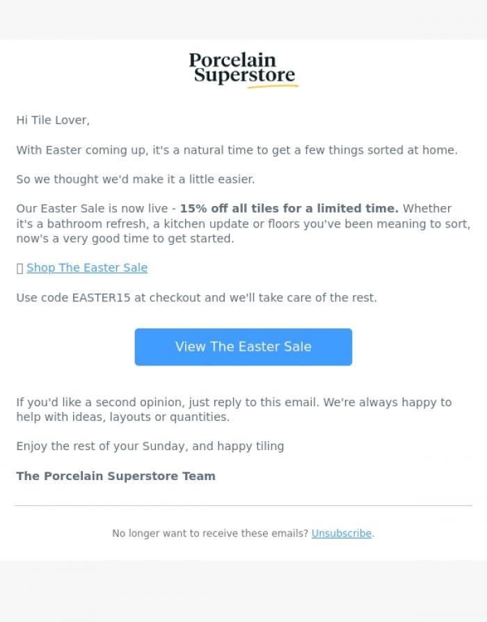 Email Design Inspiration from Porcelain Superstore, 15% off tiles this Easter - now on 🐣