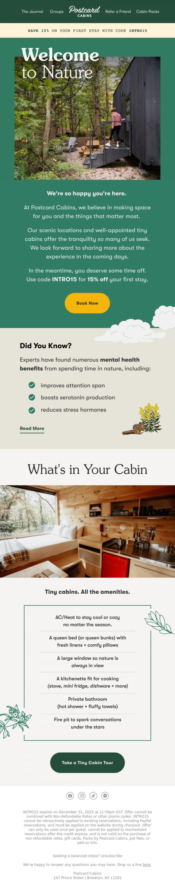 Email Design Inspiration from Postcard Cabins (formerly Getaway), Welcome to Postcard Cabins 🌲