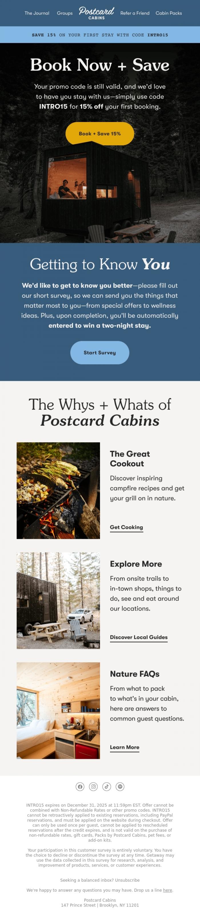 Email Design Inspiration from Postcard Cabins (formerly Getaway), 15% Off Your First Reservation