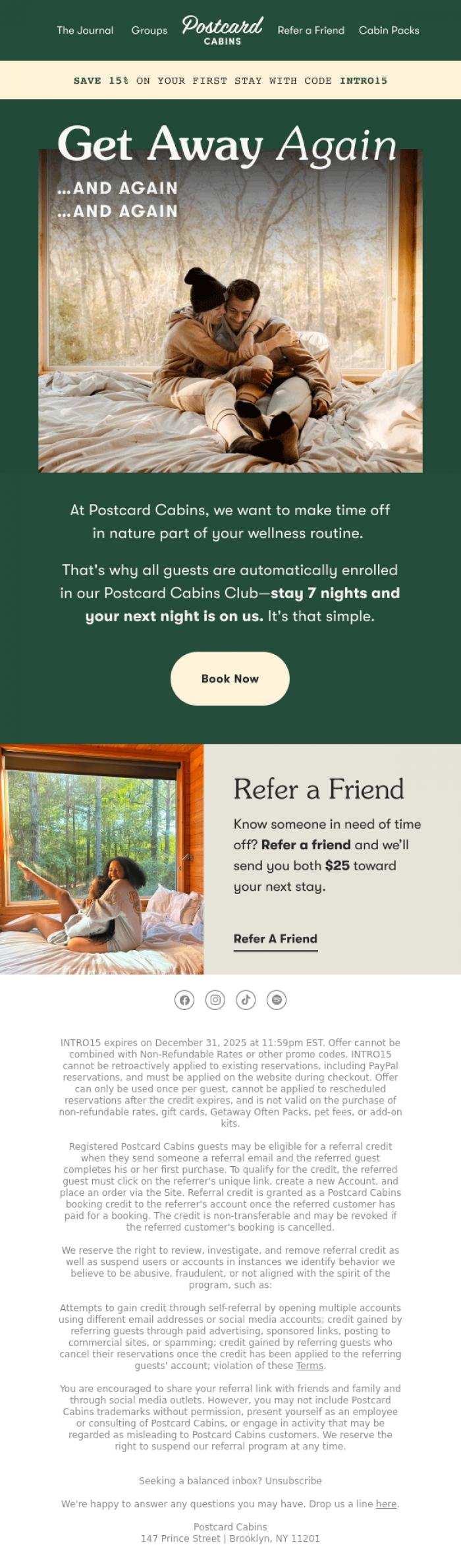 Email Design Inspiration from Postcard Cabins (formerly Getaway), Take a Breather