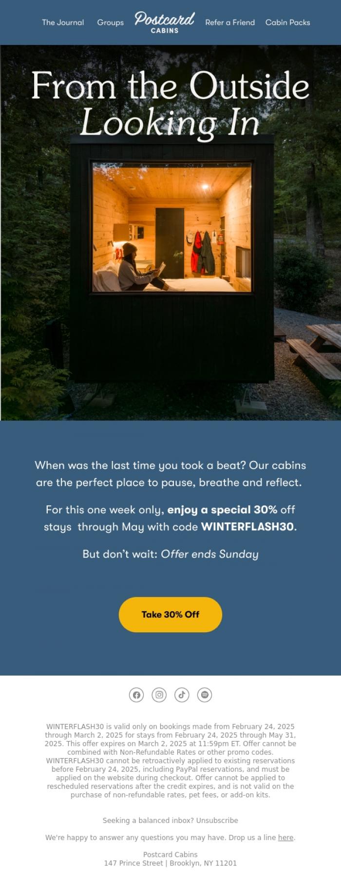 Email Design Inspiration from Postcard Cabins (formerly Getaway), Winter Flash ❄️