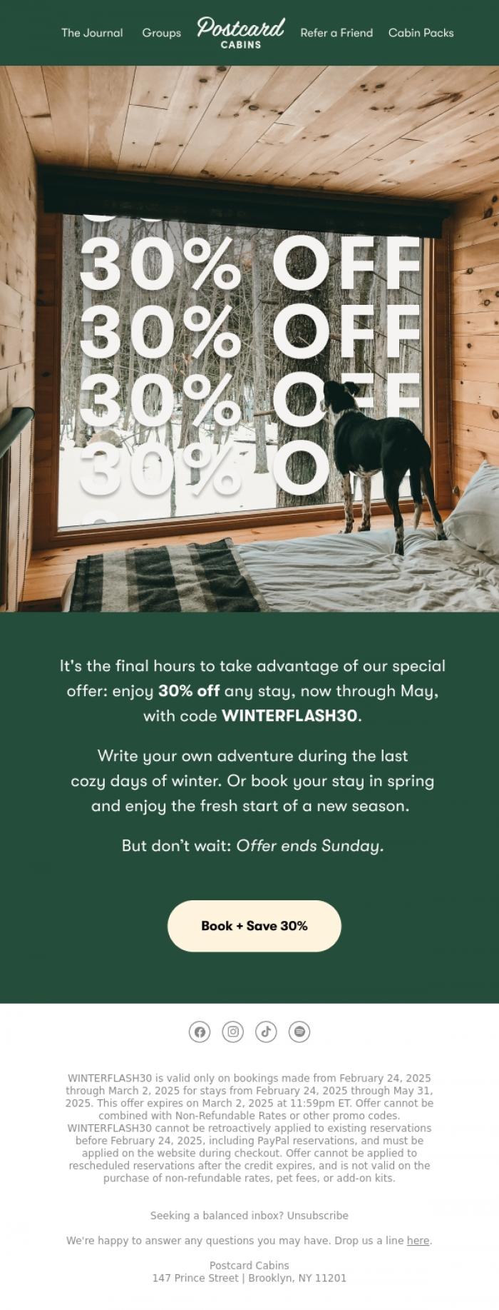 Email Design Inspiration from Postcard Cabins (formerly Getaway), Final Hours | 30% Off ⚡