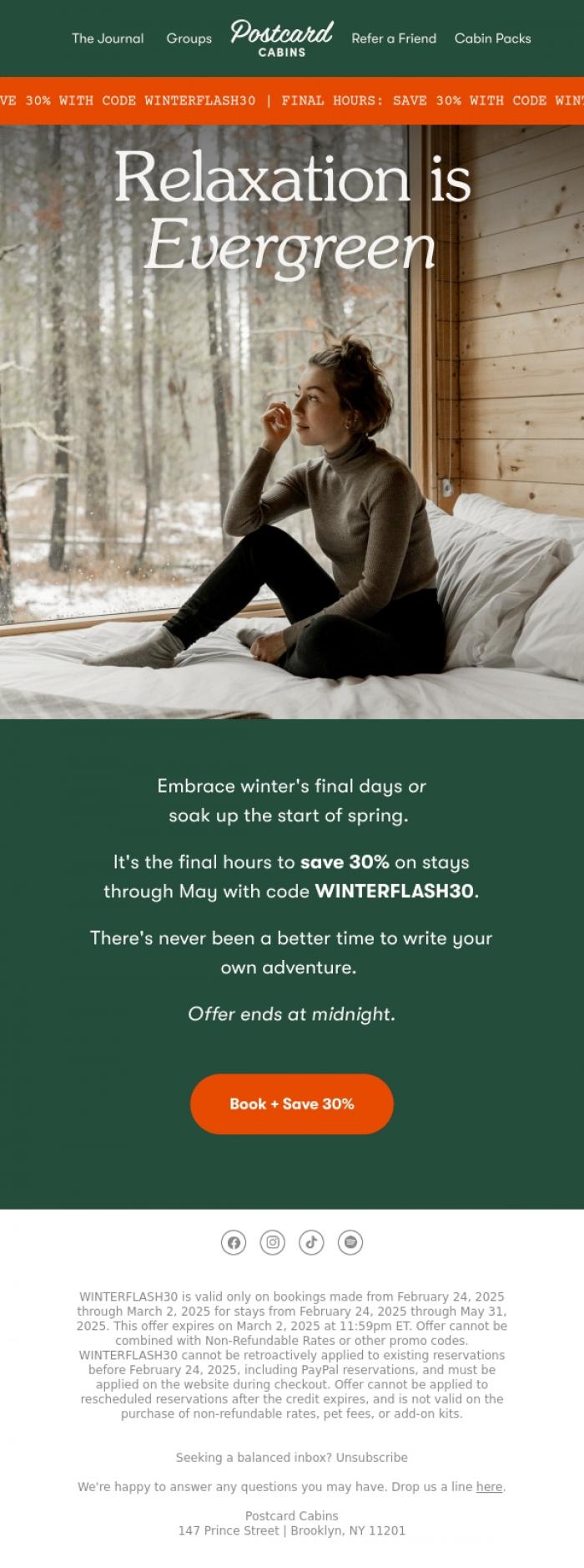 Email Design Inspiration from Postcard Cabins (formerly Getaway), 30% Off Total Relaxation