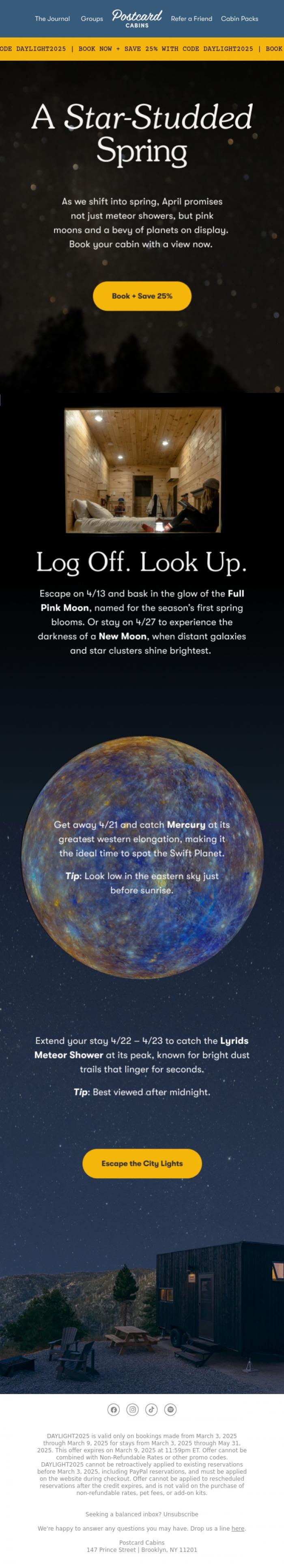 Email Design Inspiration from Postcard Cabins (formerly Getaway), April Sky Show 🌔