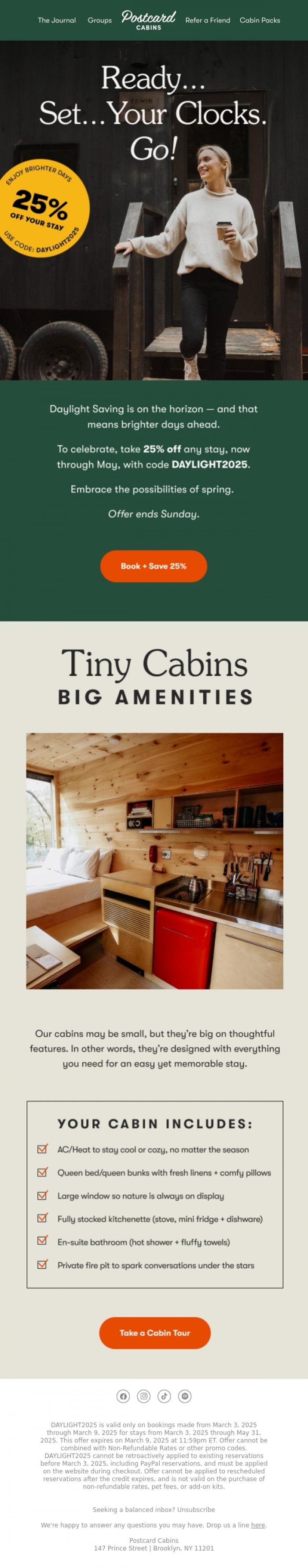 Email Design Inspiration from Postcard Cabins (formerly Getaway), Spring Reset | 25% off 🌷