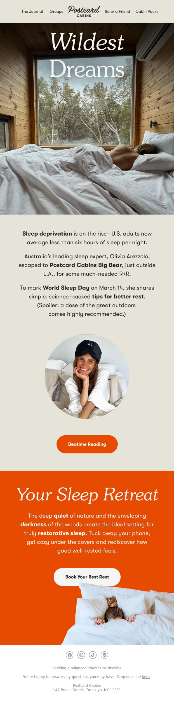 Email Design Inspiration from Postcard Cabins (formerly Getaway), A Perfect Night's Sleep 💤