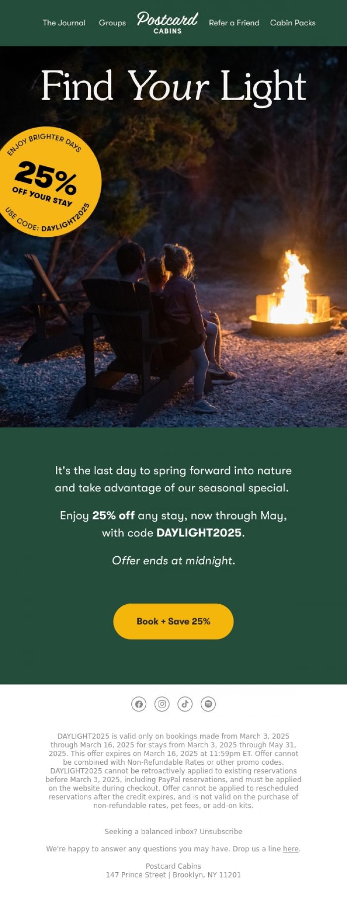Email Design Inspiration from Postcard Cabins (formerly Getaway), 25% Off Ending Soon