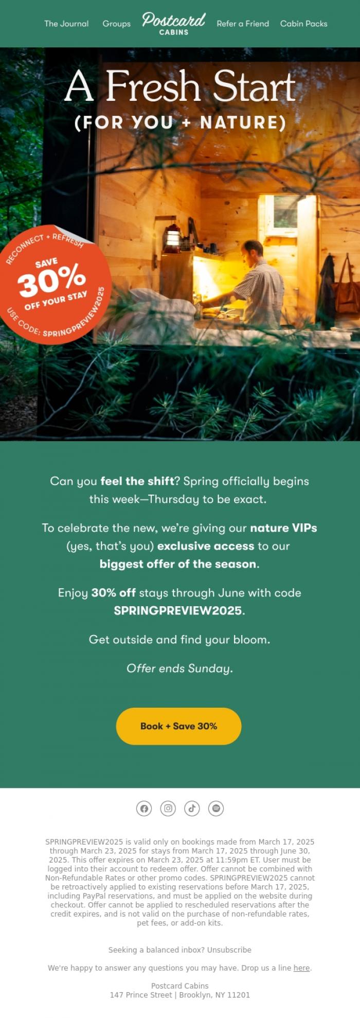 Email Design Inspiration from Postcard Cabins (formerly Getaway), 30% Off For Nature VIPs