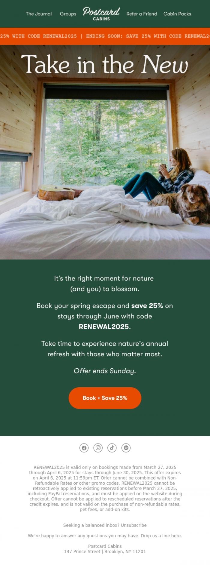 Email Design Inspiration from Postcard Cabins (formerly Getaway), Newness of Nature | 25% Off