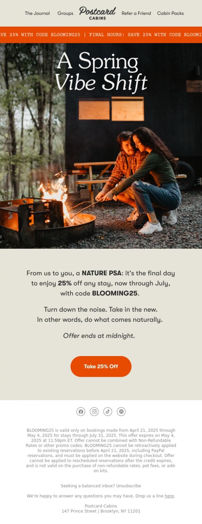 Email Design Inspiration from Postcard Cabins (formerly Getaway), LAST DAY | 25% Off