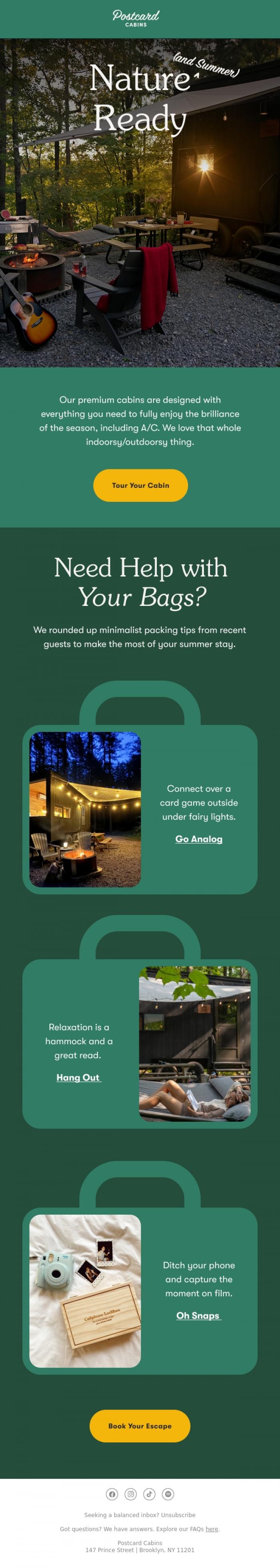 Email Design Inspiration from Postcard Cabins (formerly Getaway), Your Perfect Summer Packing List 🎒