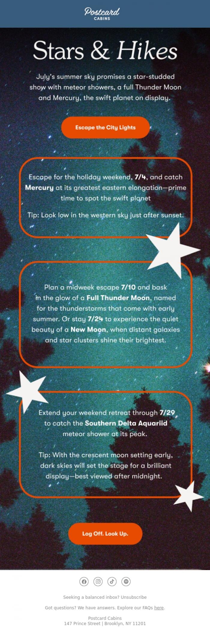 Email Design Inspiration from Postcard Cabins (formerly Getaway), July Sky Show ☄️