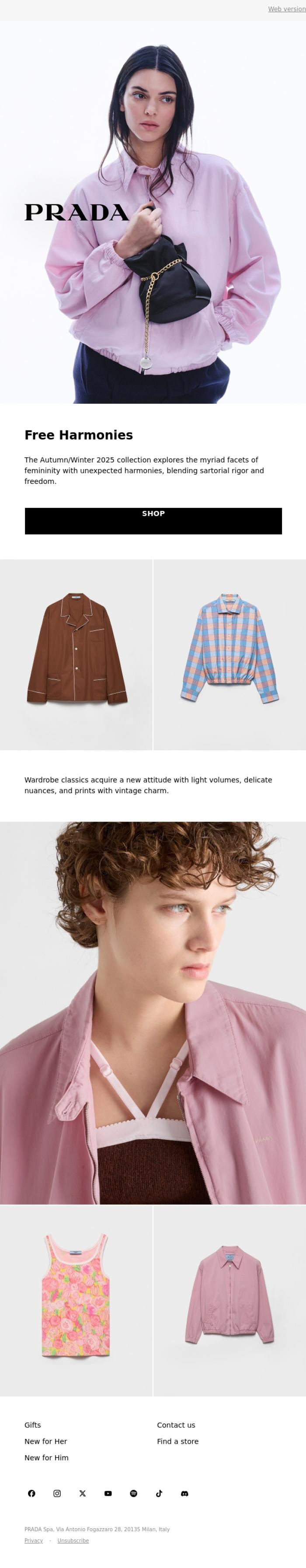 Email Design Inspiration from Prada, Autumn Winter 2025: Free Harmonies