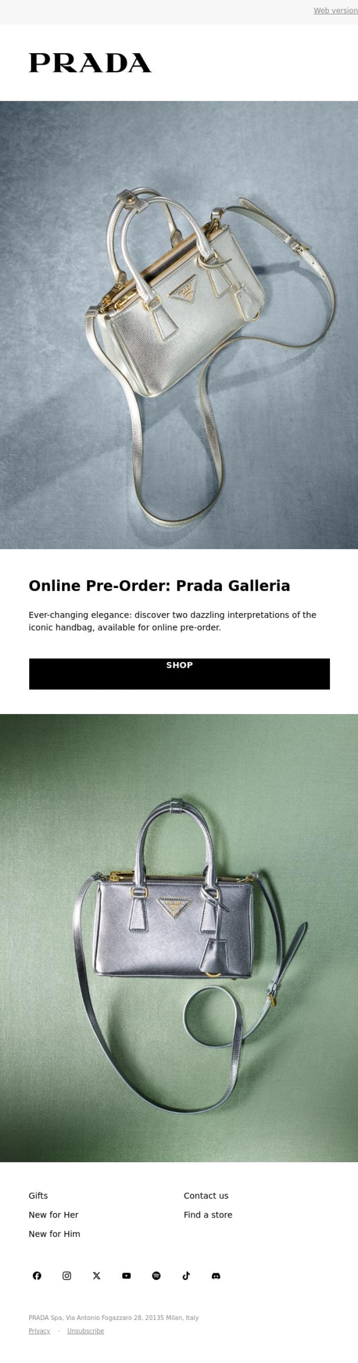 Email Design Inspiration from Prada, Online Pre-Order: Prada Galleria