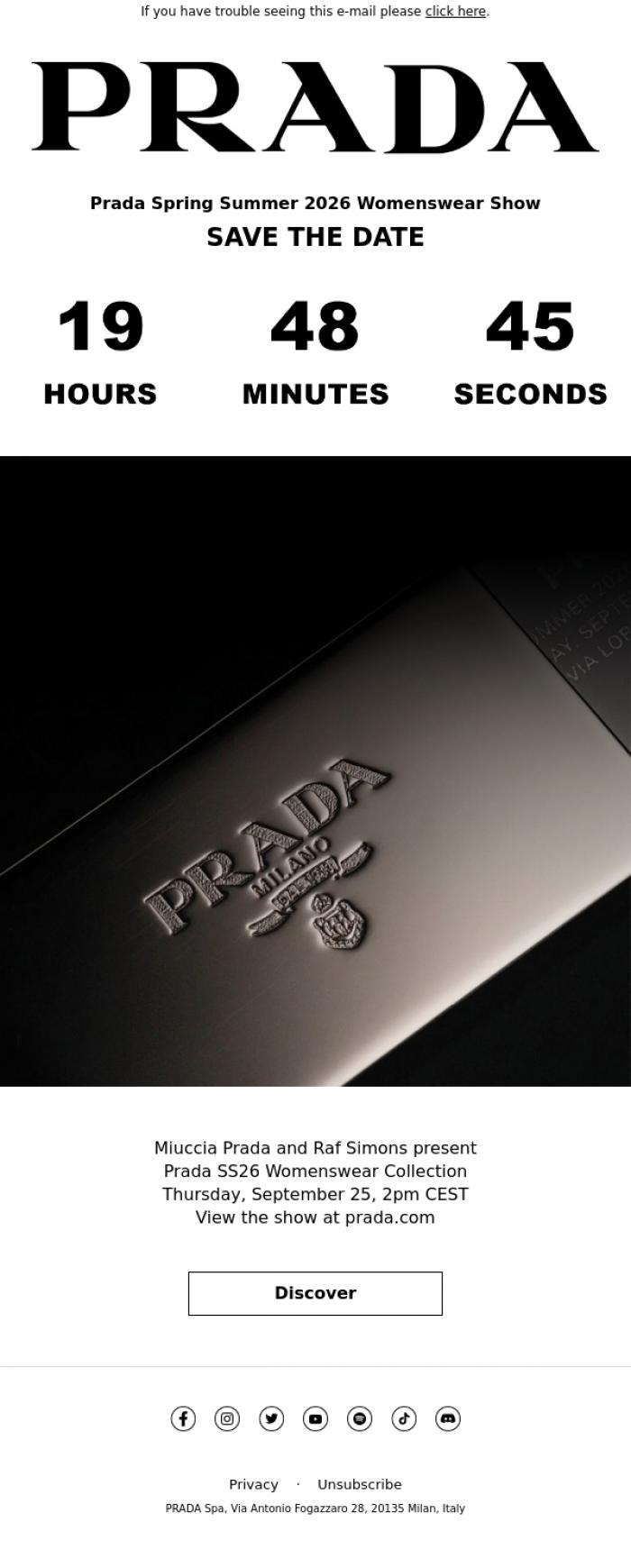 Email Design Inspiration from Prada, Save the Date - Prada Spring Summer 2026 Womenswear Show