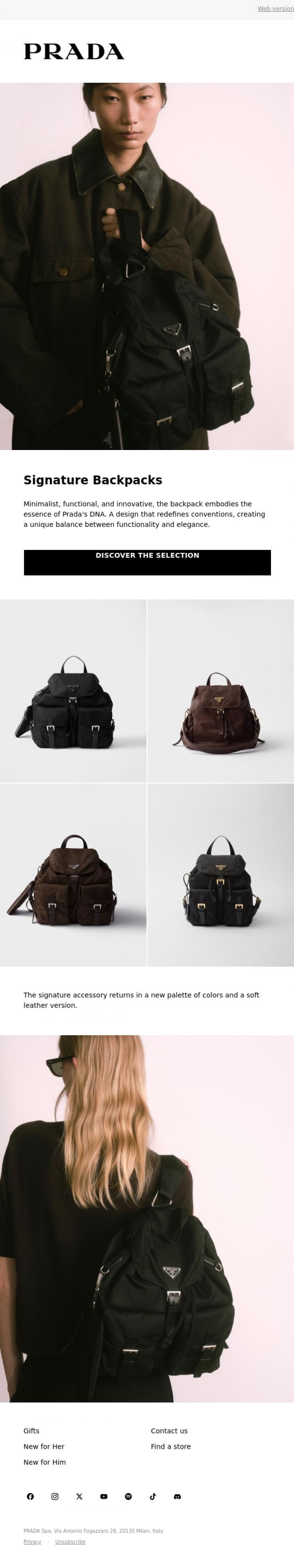 Email Design Inspiration from Prada, Signature Backpacks
