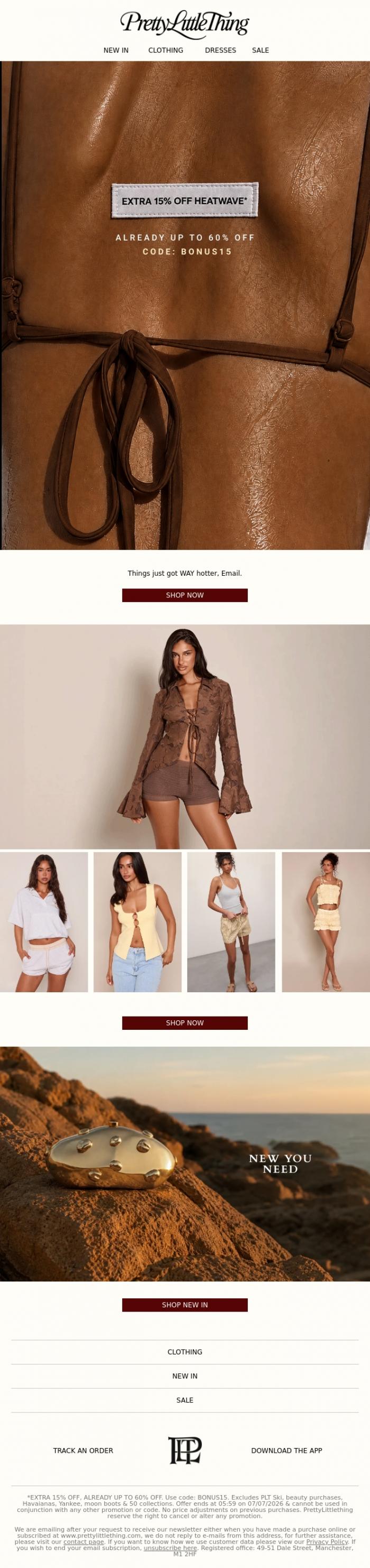 Email Design Inspiration from PrettyLittleThing, Extra 15% off heatwave
