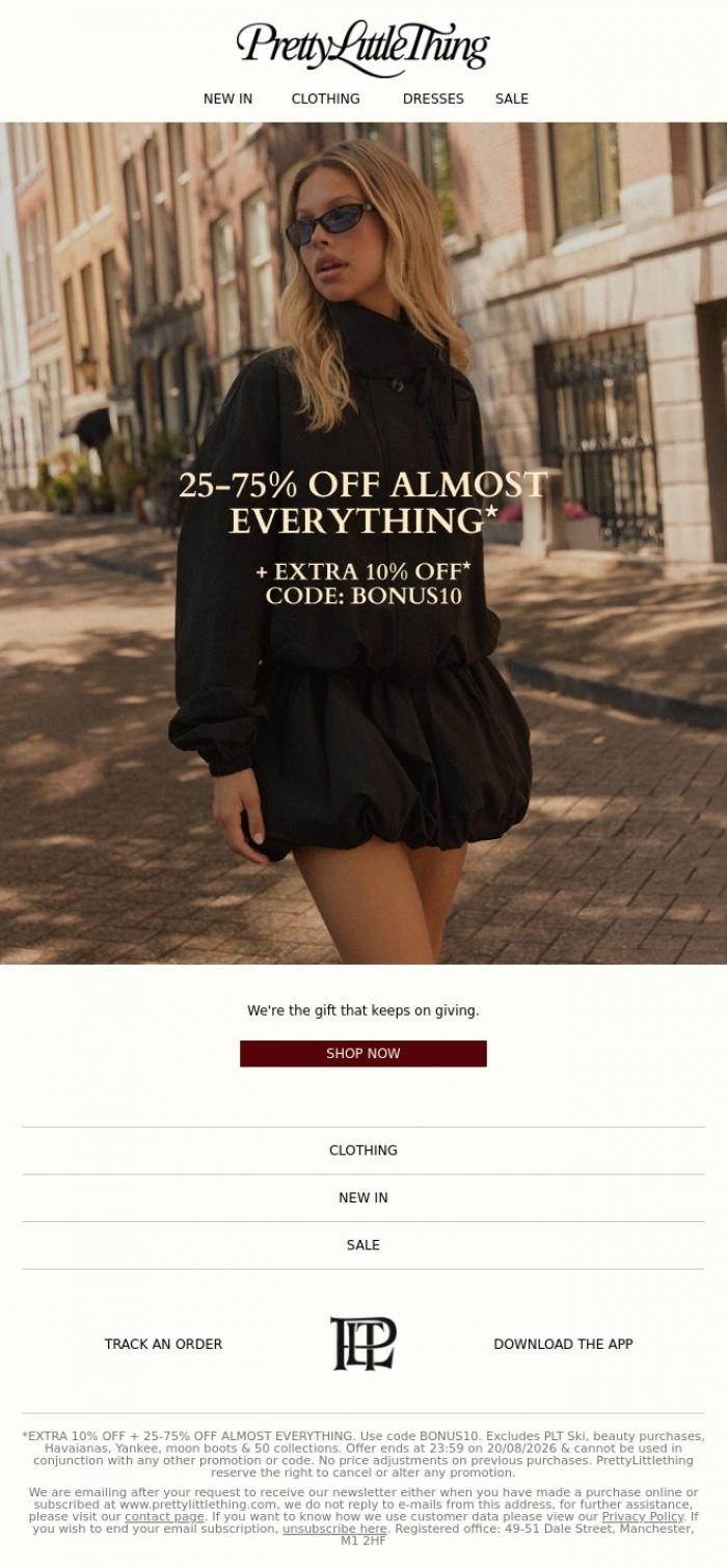 Email Design Inspiration from PrettyLittleThing, Extra 10% off... 👏🏻