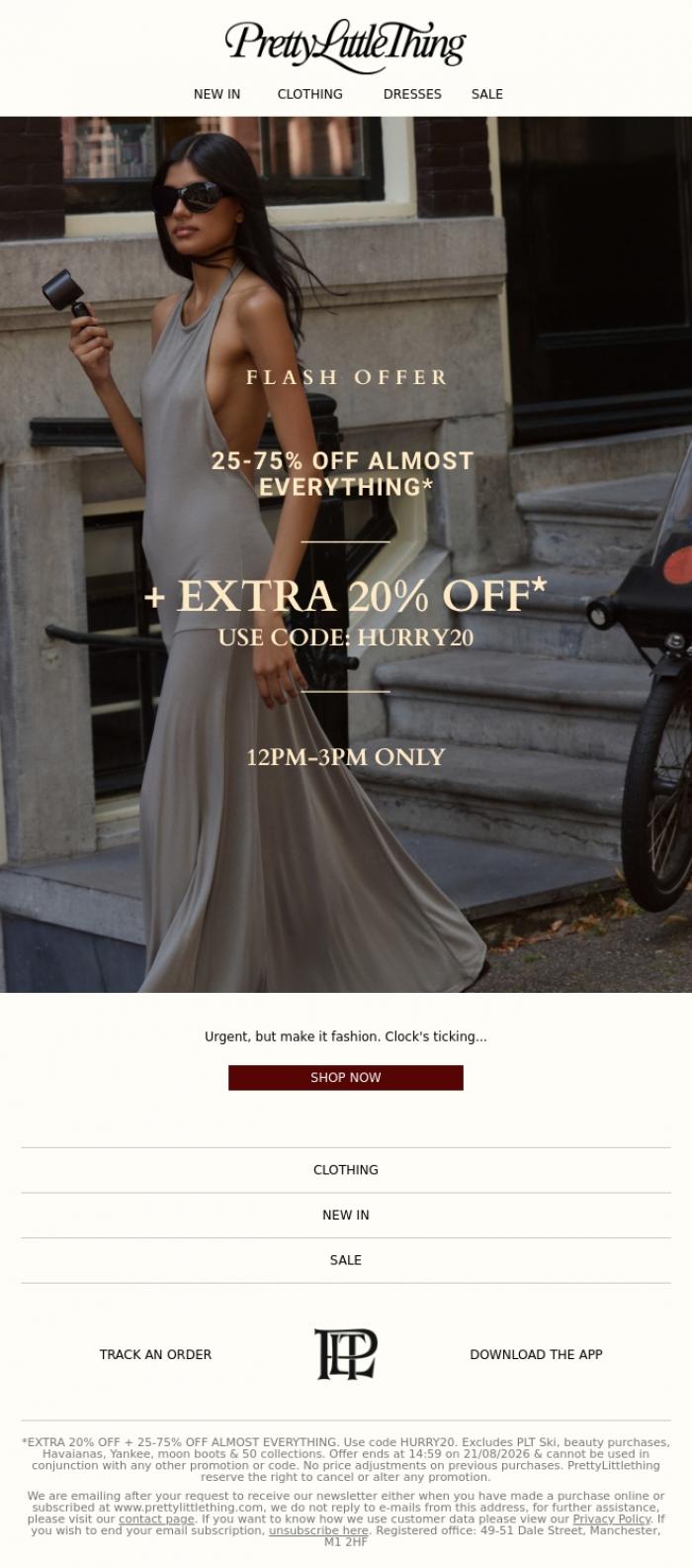 Email Design Inspiration from PrettyLittleThing, Extra 20% off is LIVE