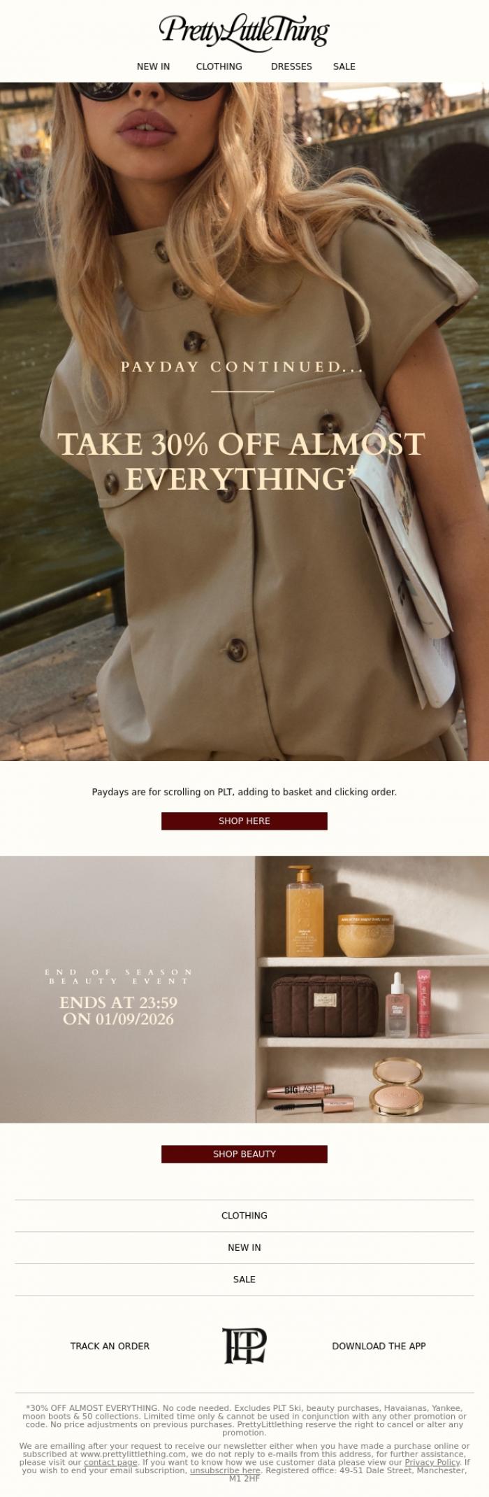 Email Design Inspiration from PrettyLittleThing, PSA: 30% off almost everything