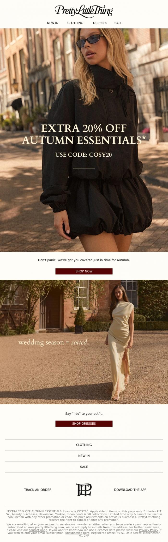 Email Design Inspiration from PrettyLittleThing, Extra 20% off your A/W Essentials