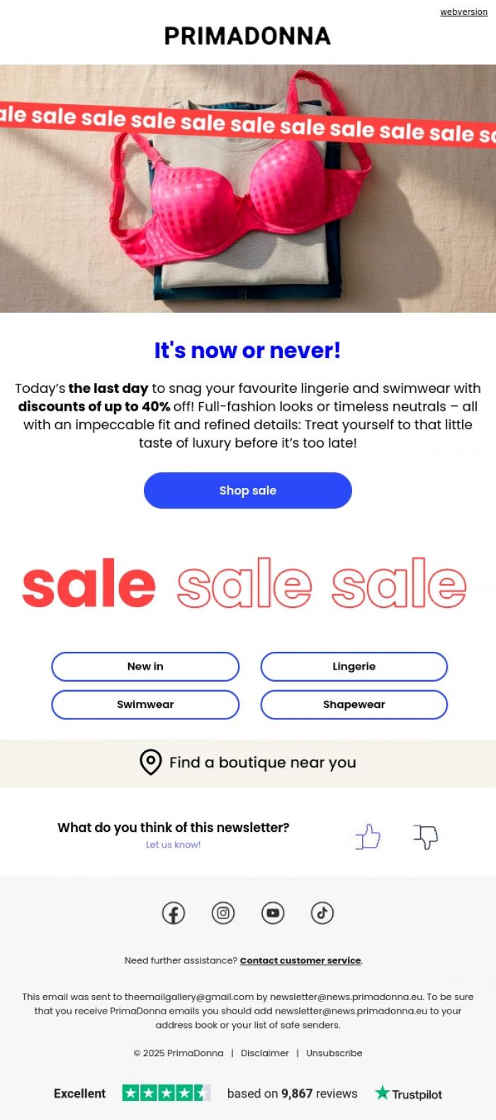 Email Design Inspiration from PrimaDonna, Last call! The Primadonna Winter Sale ends today!