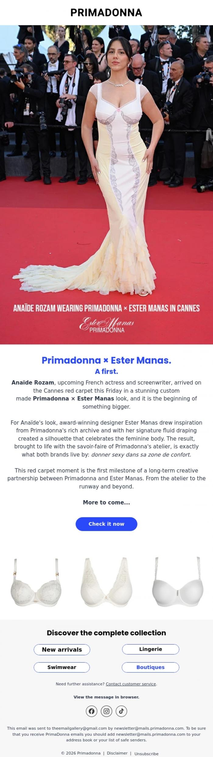 Email Design Inspiration from Primadonna, Ana&iuml;de Rozam wearing Primadonna &times; Ester Manas in Cannes