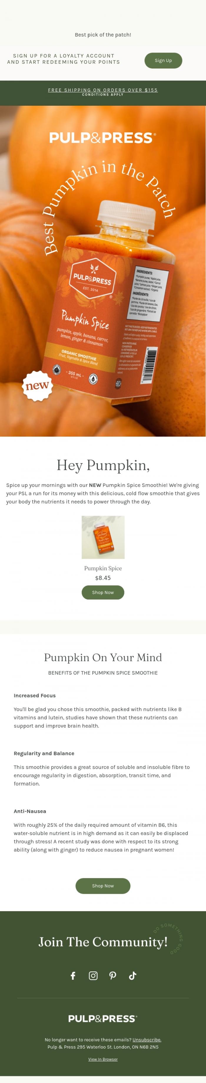 Email Design Inspiration from Pulp & Press, Try our NEW Pumpkin Spice Smoothie 🧡🎃