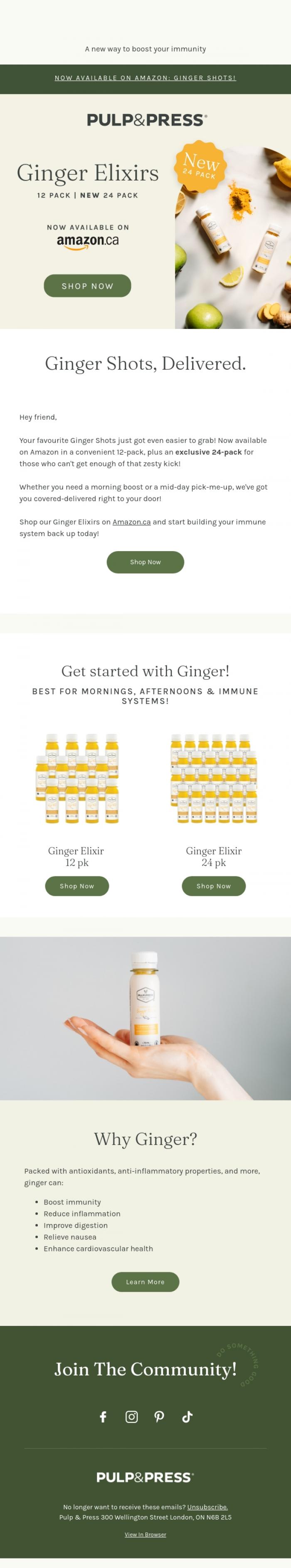Email Design Inspiration from Pulp & Press, Added to your next Amazon order: Ginger Shots