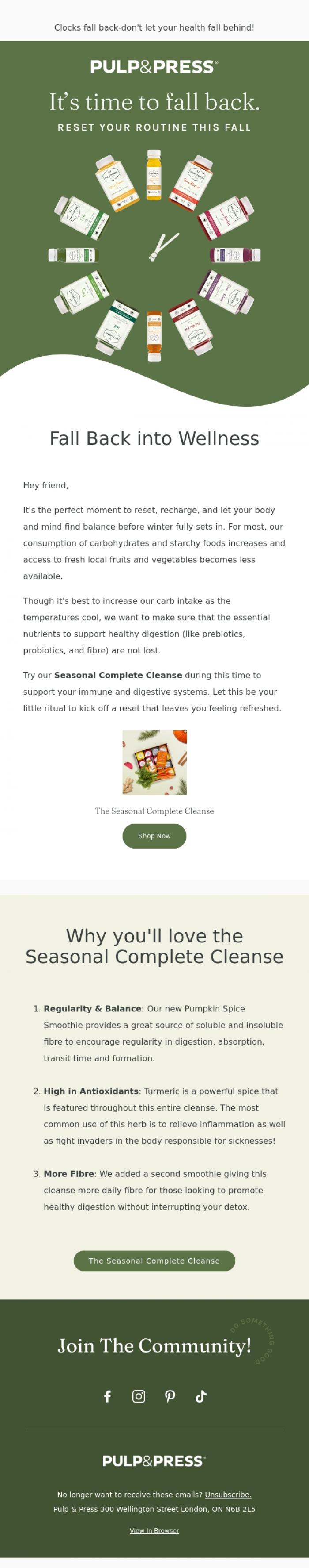 Email Design Inspiration from Pulp & Press, Fall back, feel refreshed 🍂