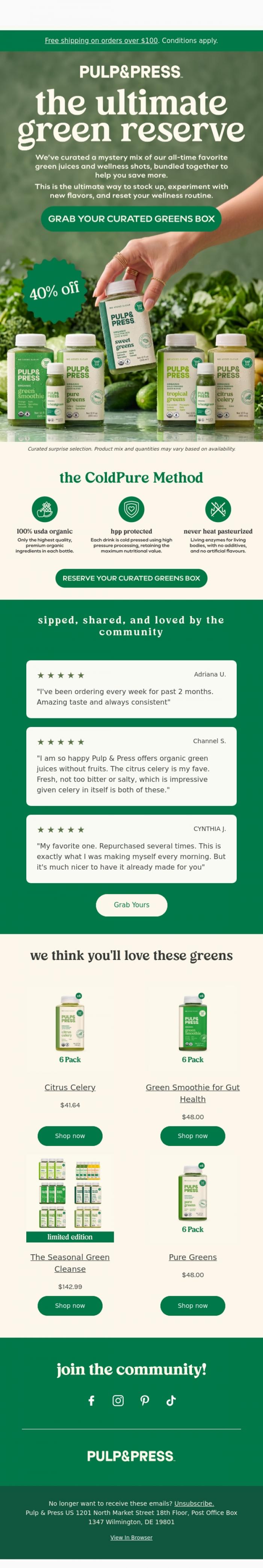 Email Design Inspiration from Pulp & Press USA, A curated mix of our finest greens at 40% off