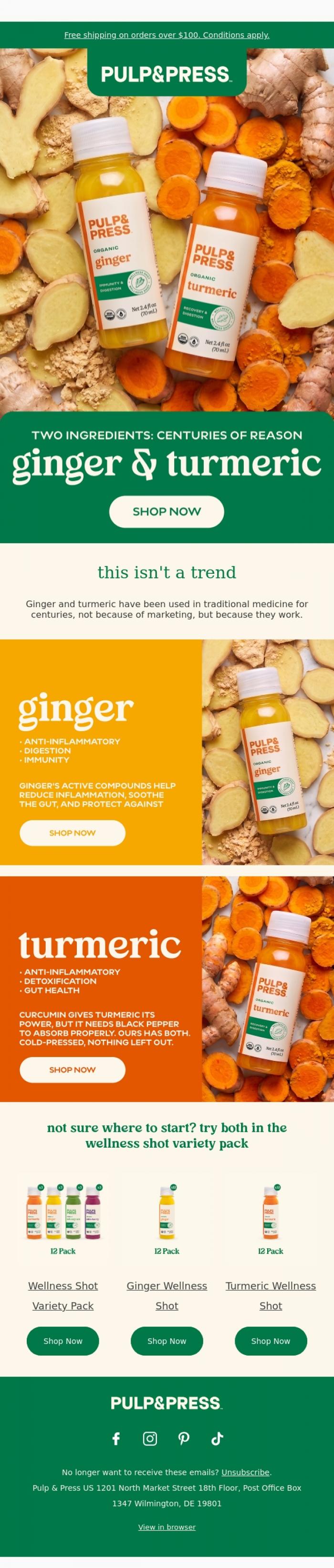 Email Design Inspiration from Pulp & Press USA, Two ingredients: ginger & turmeric
