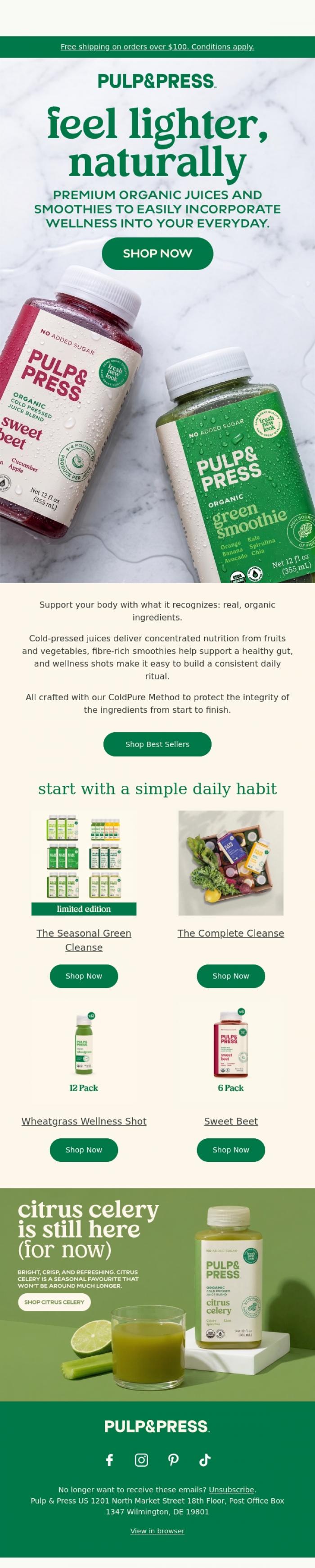 Email Design Inspiration from Pulp & Press USA, The natural way to feel lighter this summer