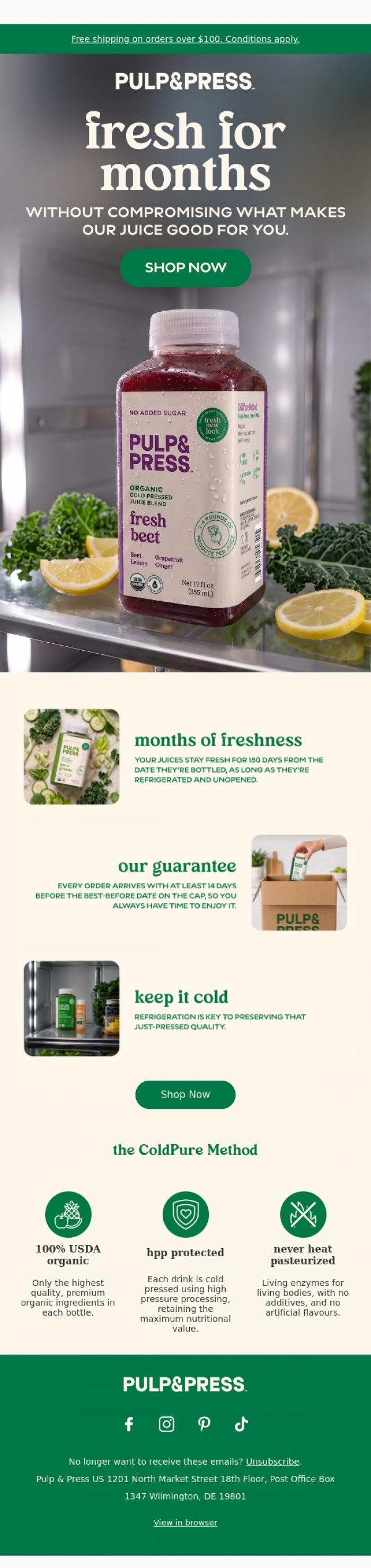 Email Design Inspiration from Pulp & Press USA, Your juice stays fresh for 180 days from the day it's bottled