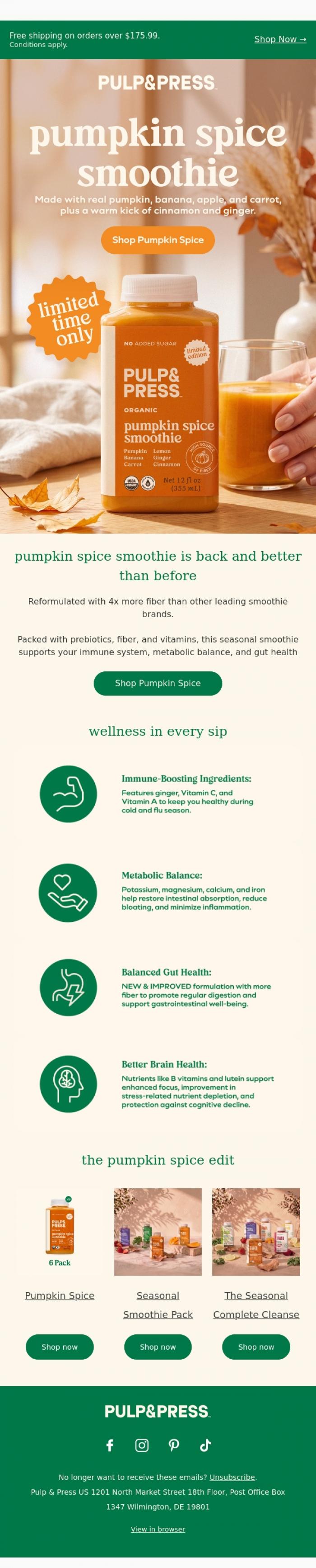 Email Design Inspiration from Pulp & Press USA, Pumpkin Spice is back! 🧡