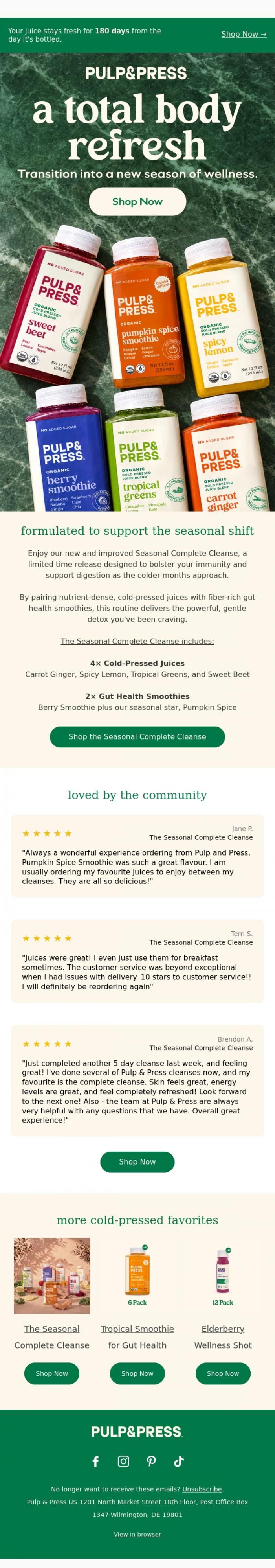 Email Design Inspiration from Pulp & Press USA, Reset for autumn with the Seasonal Complete Cleanse