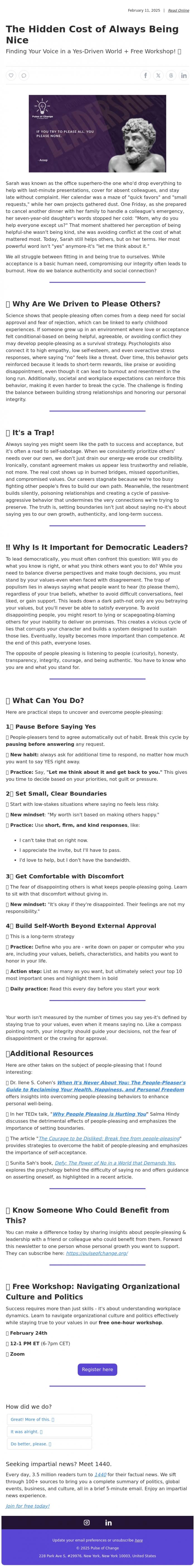 Email Design Inspiration from Pulse of Change, The Hidden Cost of Always Being Nice