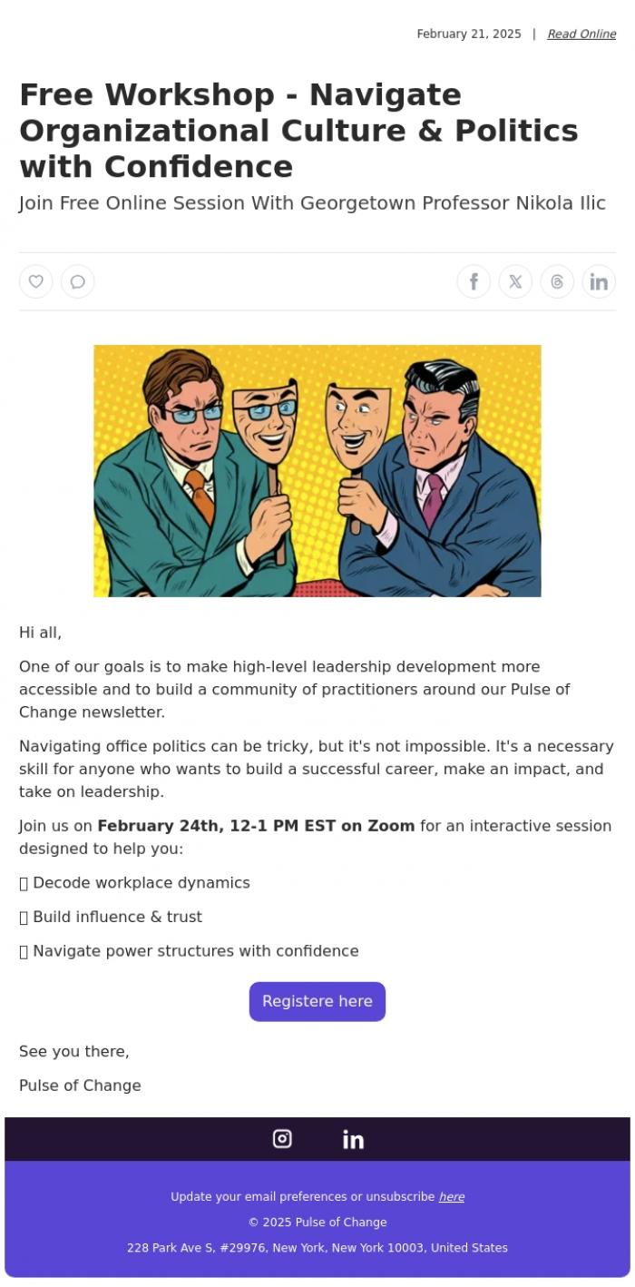 Email Design Inspiration from Pulse of Change, Free Workshop - Navigate Organizational Culture & Politics with Confidence