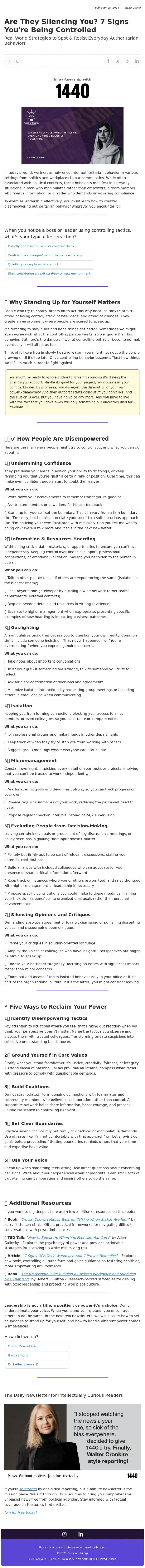 Email Design Inspiration from Pulse of Change, Are They Silencing You? 7 Signs You're Being Controlled