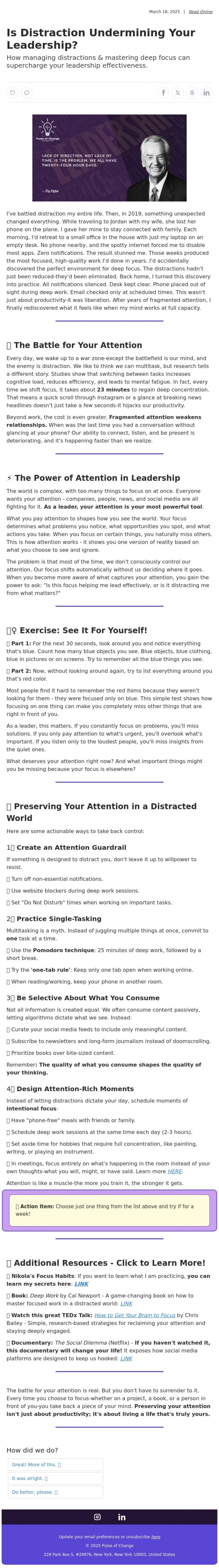 Email Design Inspiration from Pulse of Change, Is Distraction Undermining Your Leadership?