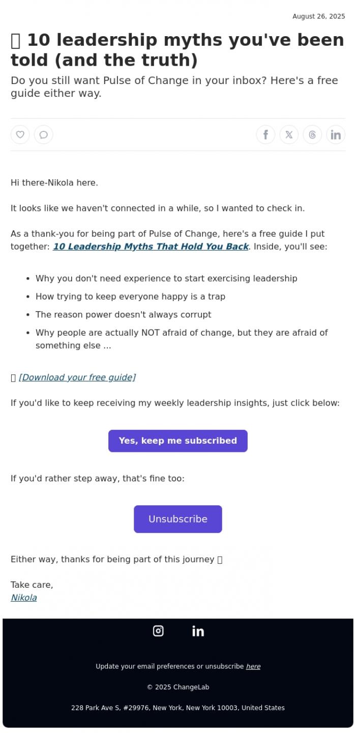 Email Design Inspiration from Pulse of Change, 🦋 10 leadership myths you've been told (and the truth)